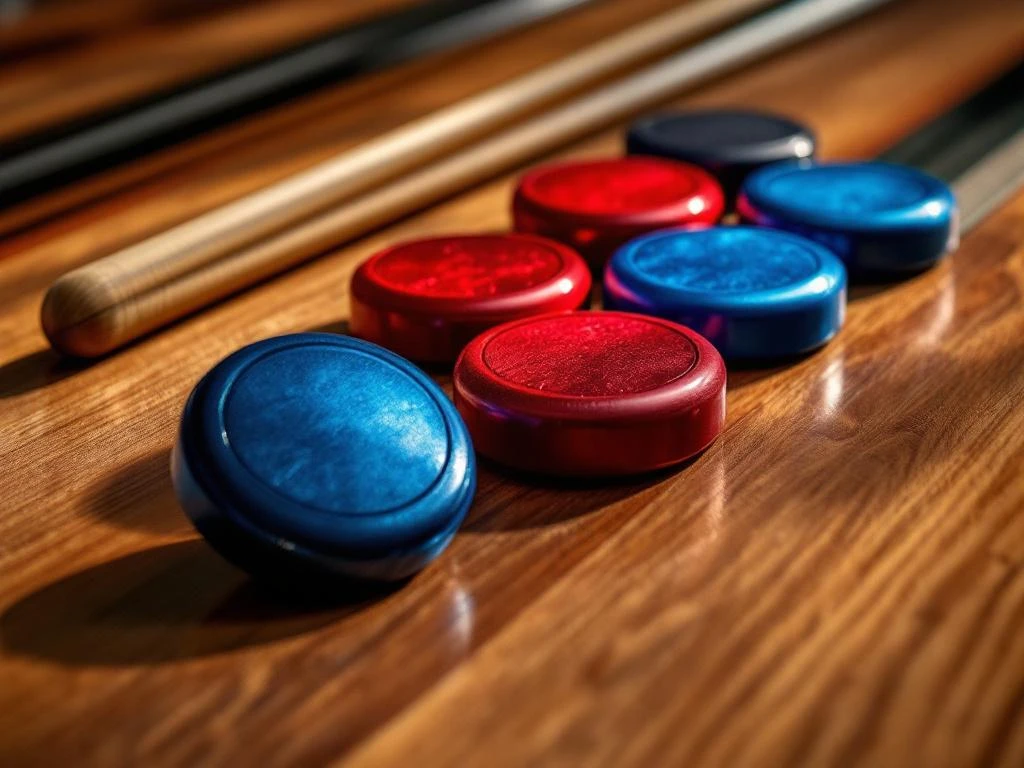 Shuffleboard uitrusting met acht metalen pucks in blauw en rood en een cue stick op houten oppervlak
