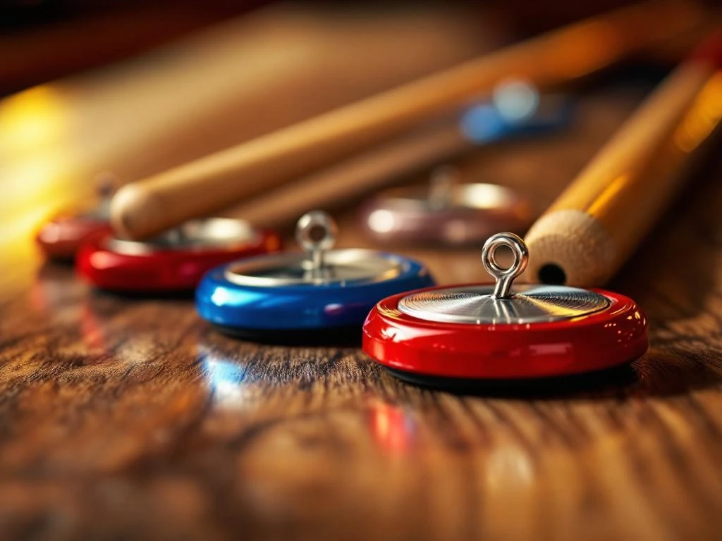 Shuffleboard pucks in blauw en rood met houten cue stick op houten speeloppervlak in close-up