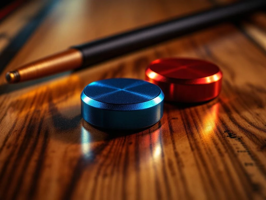 Metalen shuffleboard schijven in blauw en rood met keu op gepolijst houten speelvlak