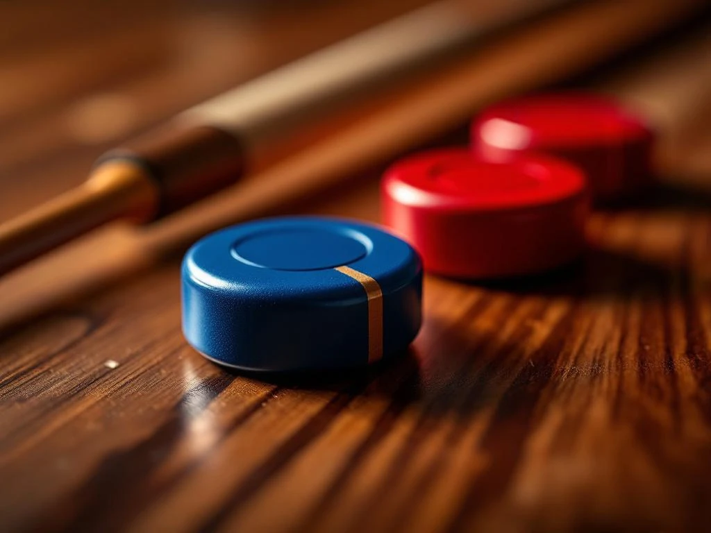 Rode en blauwe shuffleboard schijven met houten speelstok op gepolijste houten ondergrond, close-up detailopname