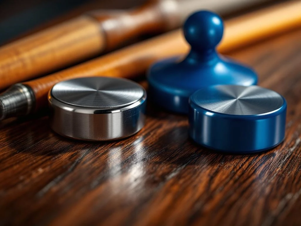 Shuffleboard pucks in zilver en blauw met houten cues op houten oppervlak, close-up met dramatische belichting