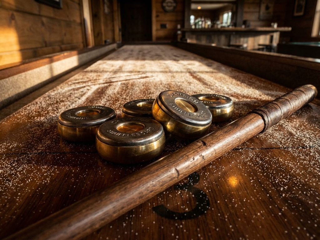 Shuffleboard uitrusting op gepolijst hout: metalen pucks en houten cue met leren handgreep in warm licht