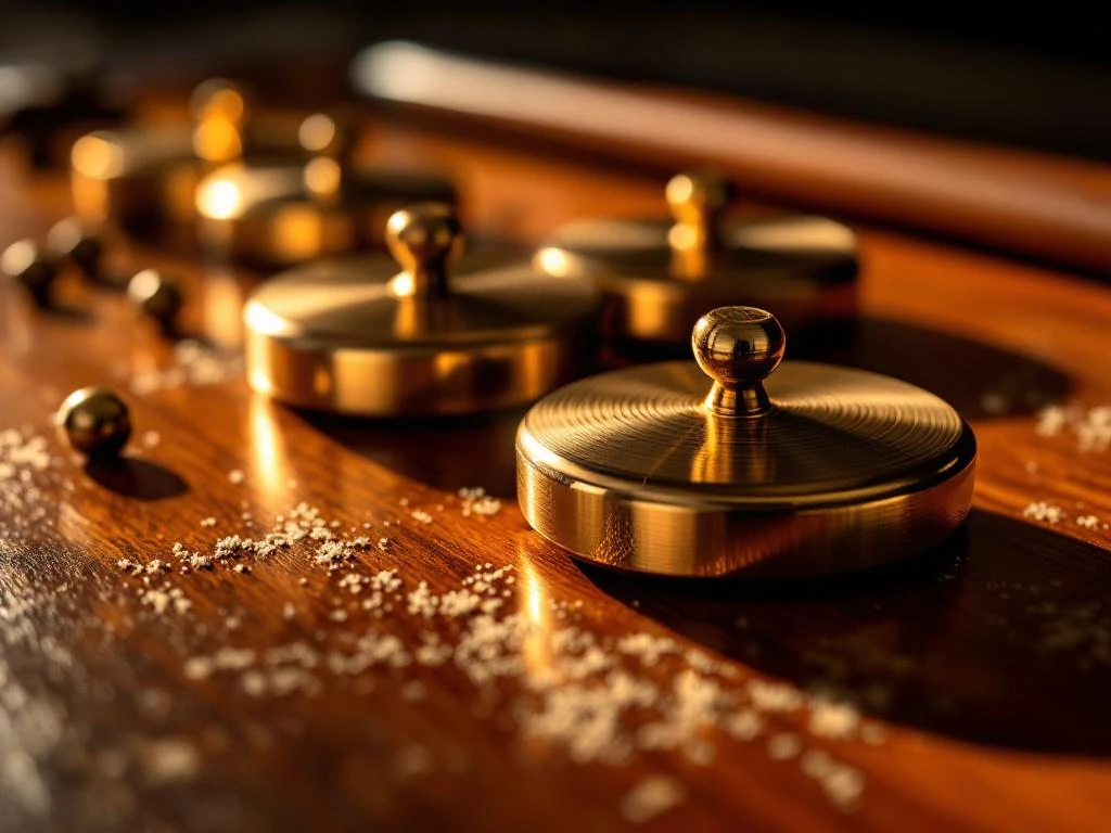 Shuffleboard pucks en houten cue op houten oppervlak met dramatische belichting en warme amber tinten