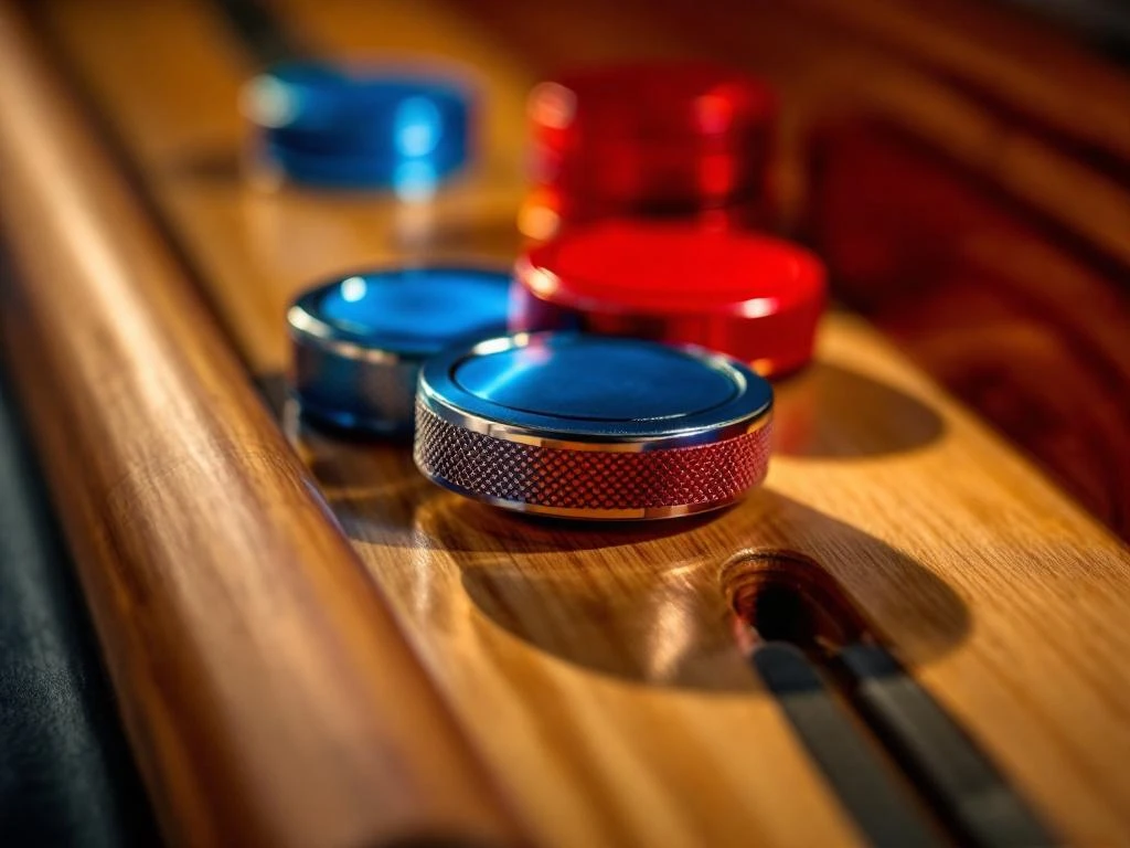 Shuffleboard uitrusting met rode en blauwe schijven en houten keu op gepolijste houten ondergrond