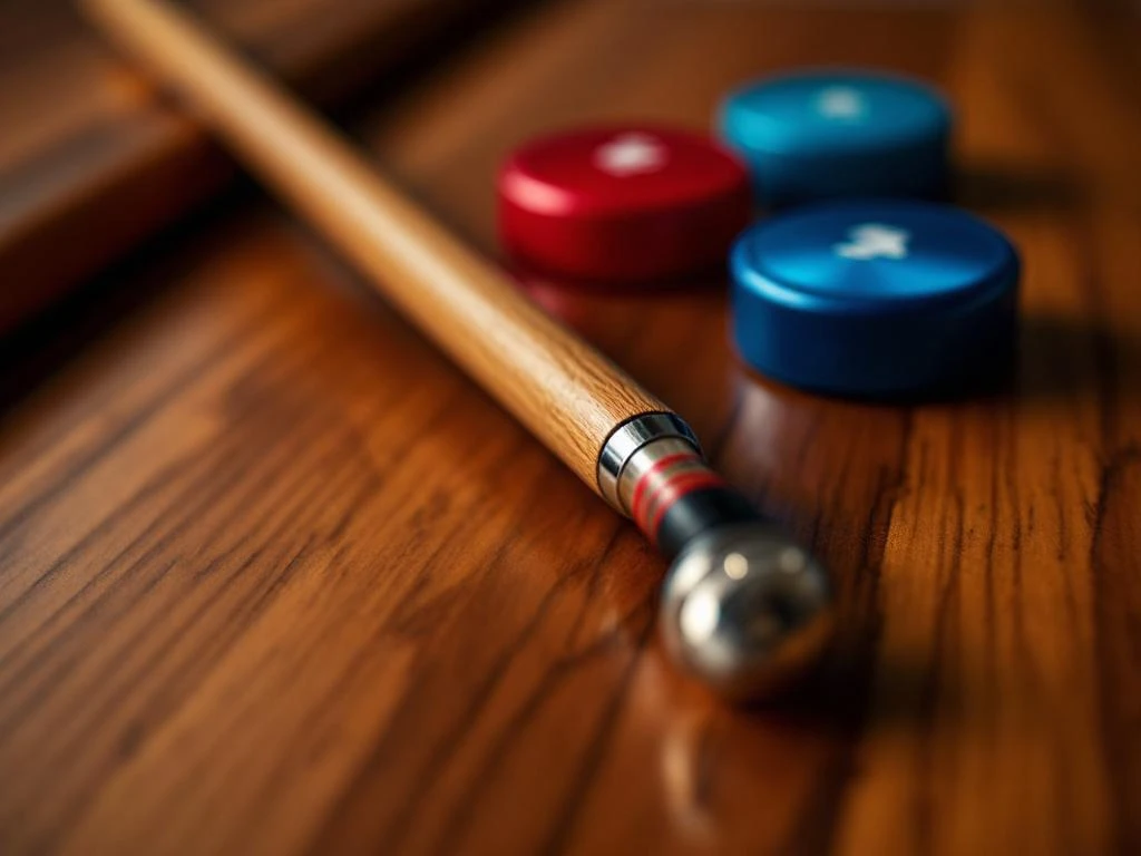 Shuffleboard pucks in rood en blauw met houten cue stick op rijke houten ondergrond, close-up weergave