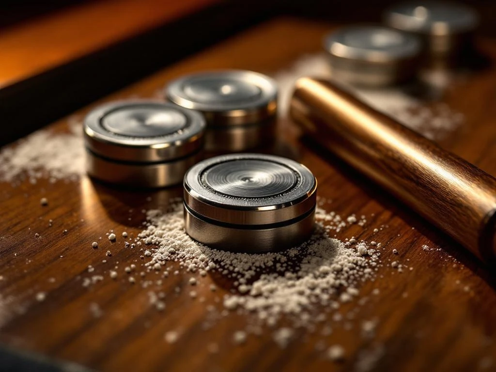 Shuffleboard uitrusting op houten ondergrond: metalen pucks, keu en wax poeder in professionele studio verlichting