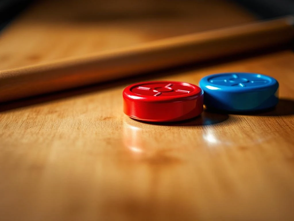 Shuffleboard uitrusting met rode en blauwe schijven en houten keu op gepolijst hout met dramatische belichting