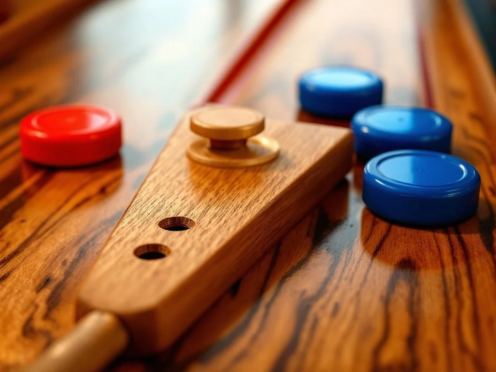 Professionele shuffleboard uitrusting met rode en blauwe schijven, houten keu en scoringsdriehoek op gepolijst hout