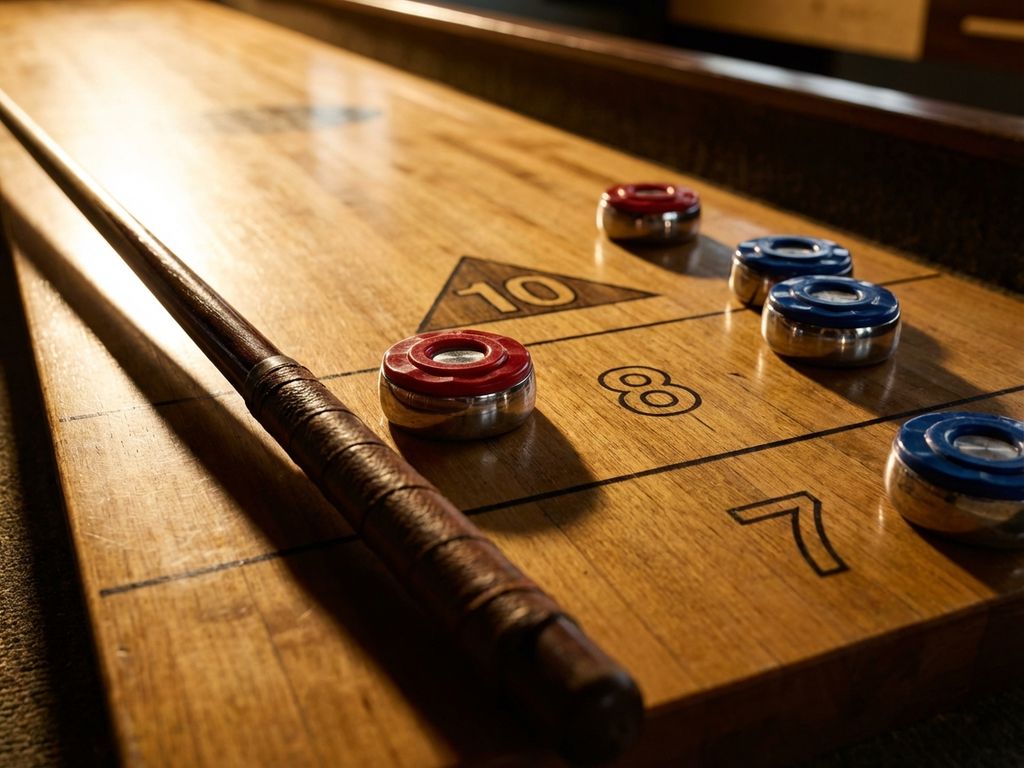 Shuffleboard pucks en cue stick op houten speelveld met scoredriehoeken en dramatische belichting