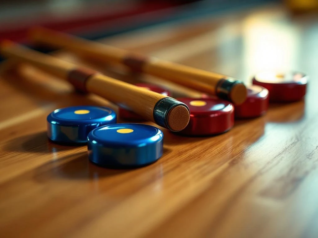 Shuffleboard uitrusting met blauwe en rode metalen schijven en houten stokken op gepolijst hout