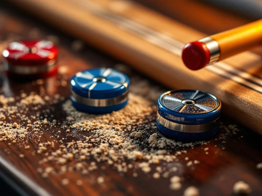 Shuffleboard pucks in rood en blauw met houten cue op houten oppervlak, professionele speluitrusting close-up