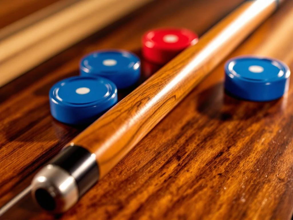 Shuffleboard uitrusting met rode en blauwe schijven en houten keu op speelveld, close-up detail