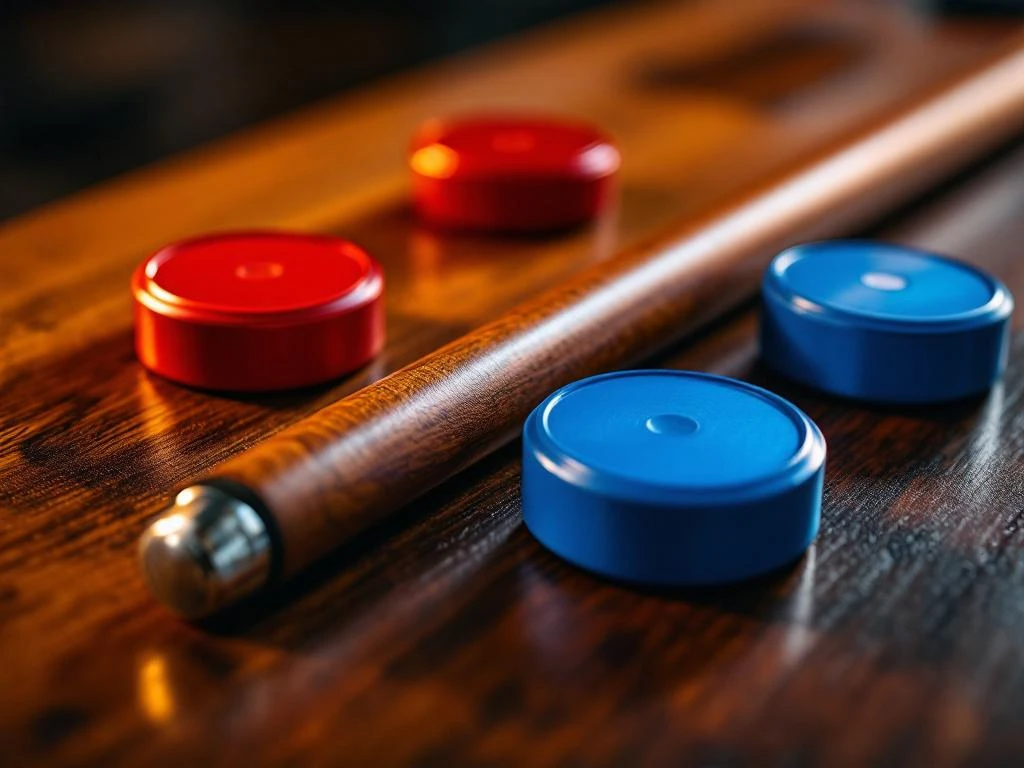 Shuffleboard pucks in rood en blauw met houten cue op rijke houten ondergrond, professionele speluitrusting close-up