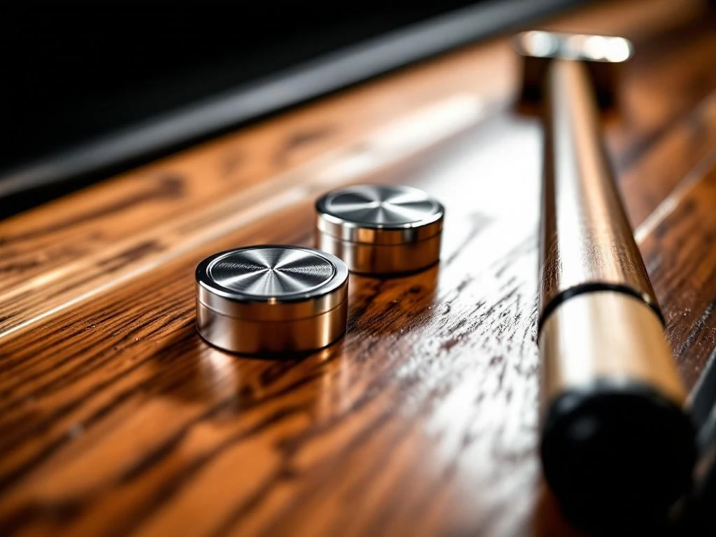 Shuffleboard pucks en houten cue op houten oppervlak met dramatische belichting en professionele scherptediepte