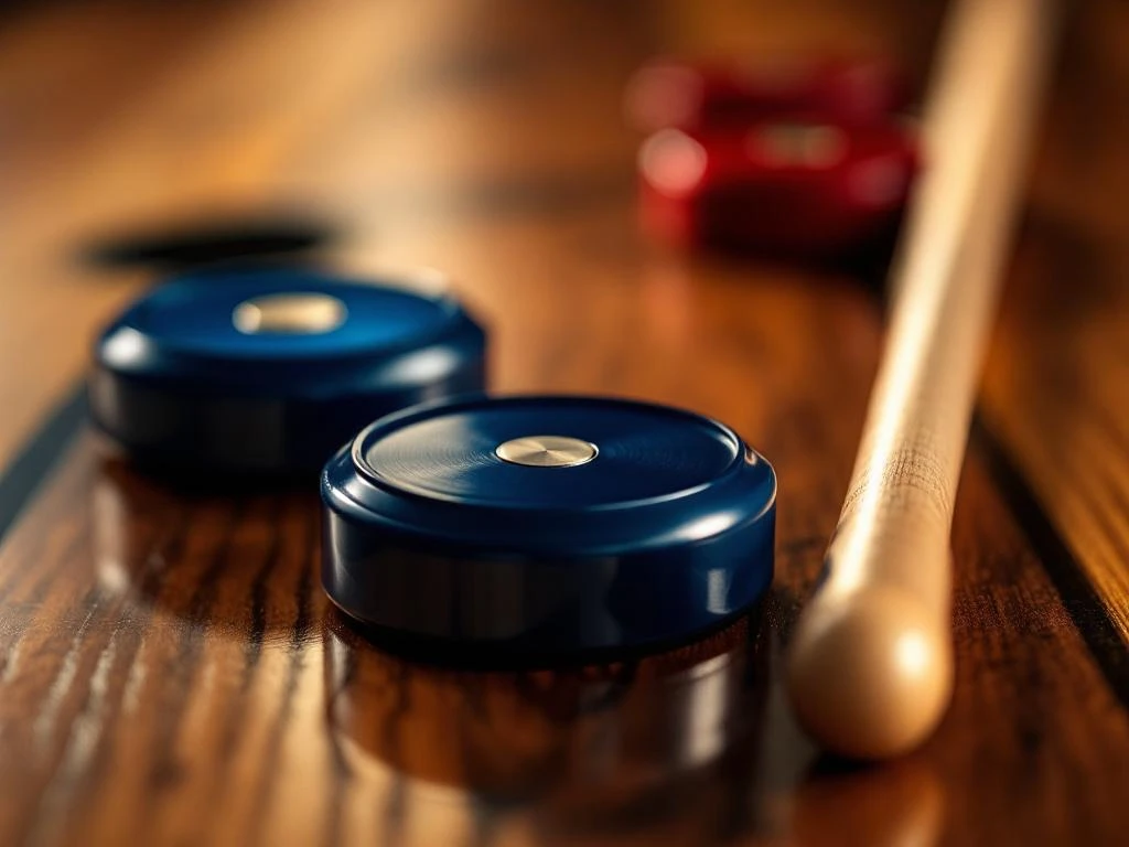 Shuffleboard pucks in rood en blauw met houten cue stick op donkere houten ondergrond, professionele speluitrusting