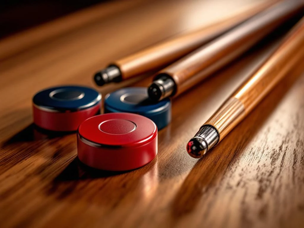 Shuffleboard pucks in rood en blauw met houten cues op gepolijste houten ondergrond voor recreatief spel