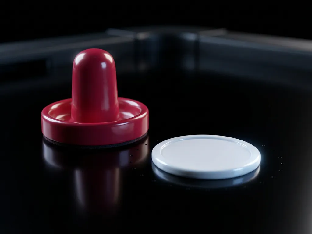 Rode luchthockeymallet en witte puck op zwart luchthockeytafeloppervlak, met zichtbare luchtgaatjes en dramatische diepte-effect.