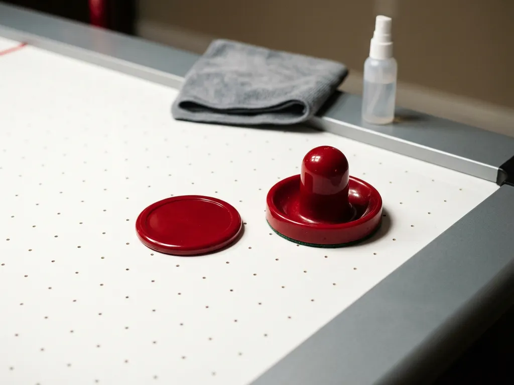 Rode luchthockeypuck en bijpassende slagmolen op wit tafelvlak, met microvezel doek en sprayflacon voor onderhoud.