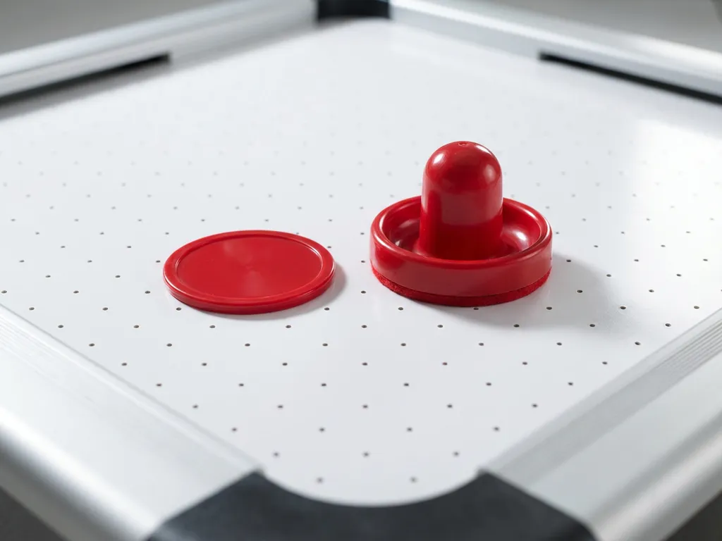 Rode luchthockeypuck en bijpassende striker op wit luchthockeytafeloppervlak met zichtbare luchtgaatjes.
