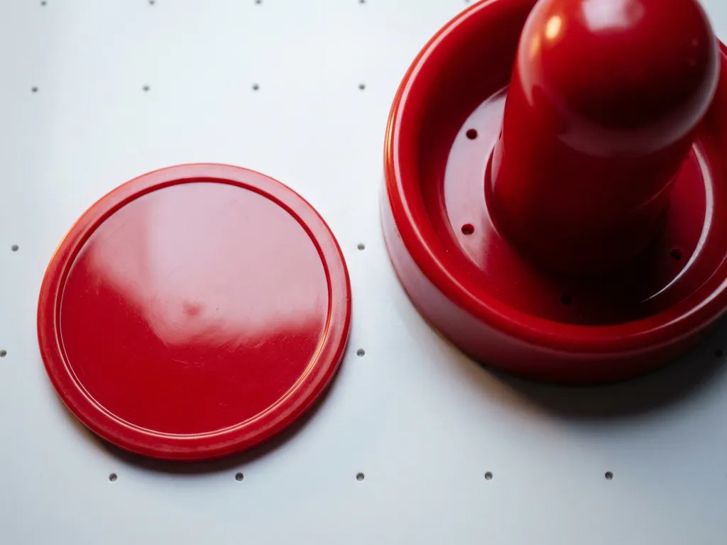 Rode luchthockeypuck en striker op wit speelvlak met zichtbare luchtgaatjes, close-up bovenaanzicht.