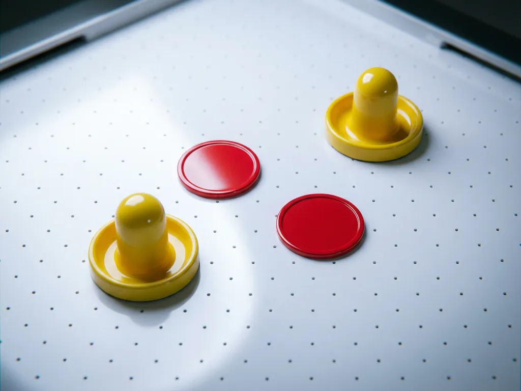 Rode airhockeypuck naast twee gele strikers op wit tafelvlak met zichtbare luchtgaatjes, bovenaanzicht.