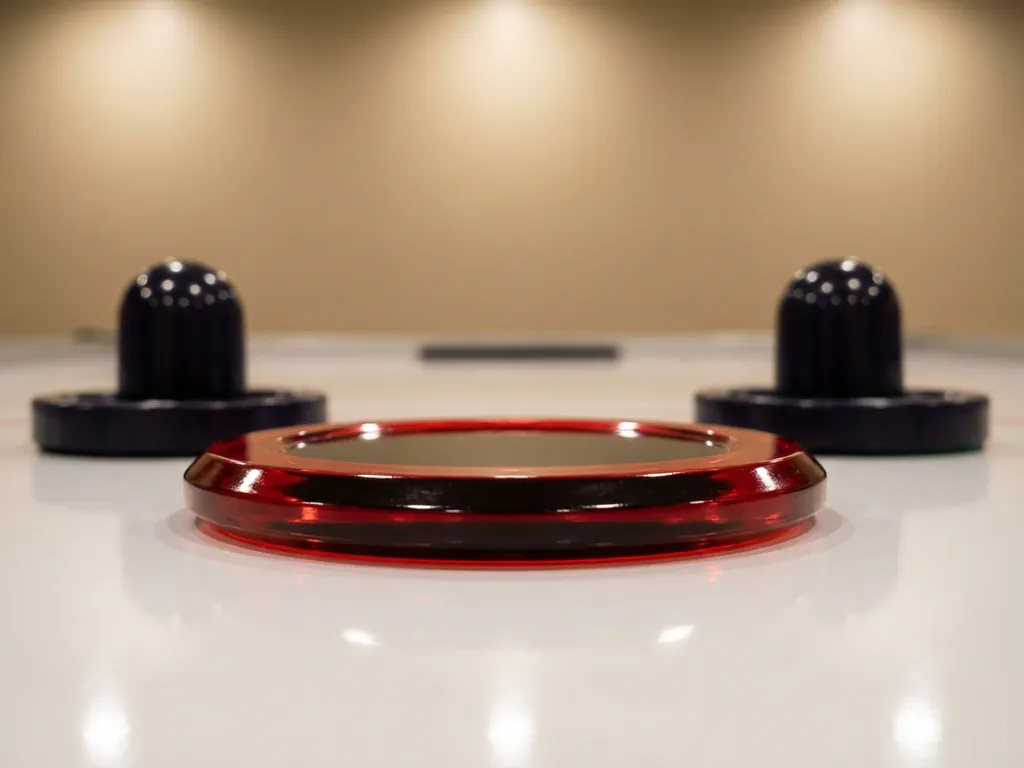 Rood-zwarte luchthockeypuck met twee kleine strikers op wit oppervlak, close-up met glanzende reflecties en scherpe randdetails.