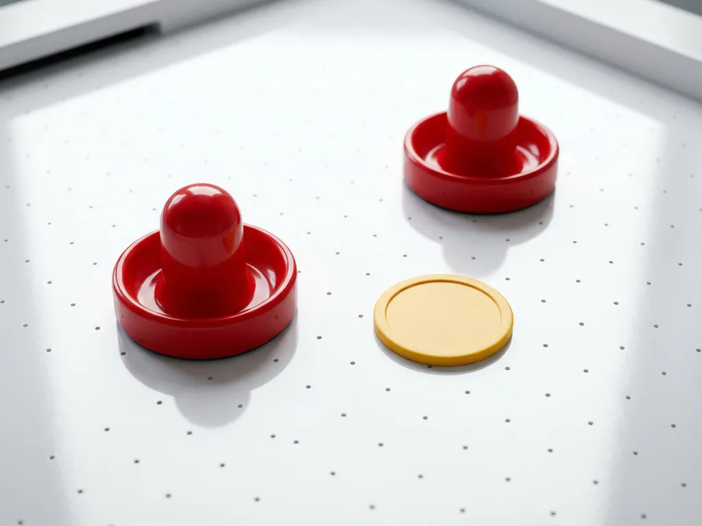 Twee rode air hockey strikers en een gele puck op een wit luchthockeytafel met zichtbare luchtgaatjes.