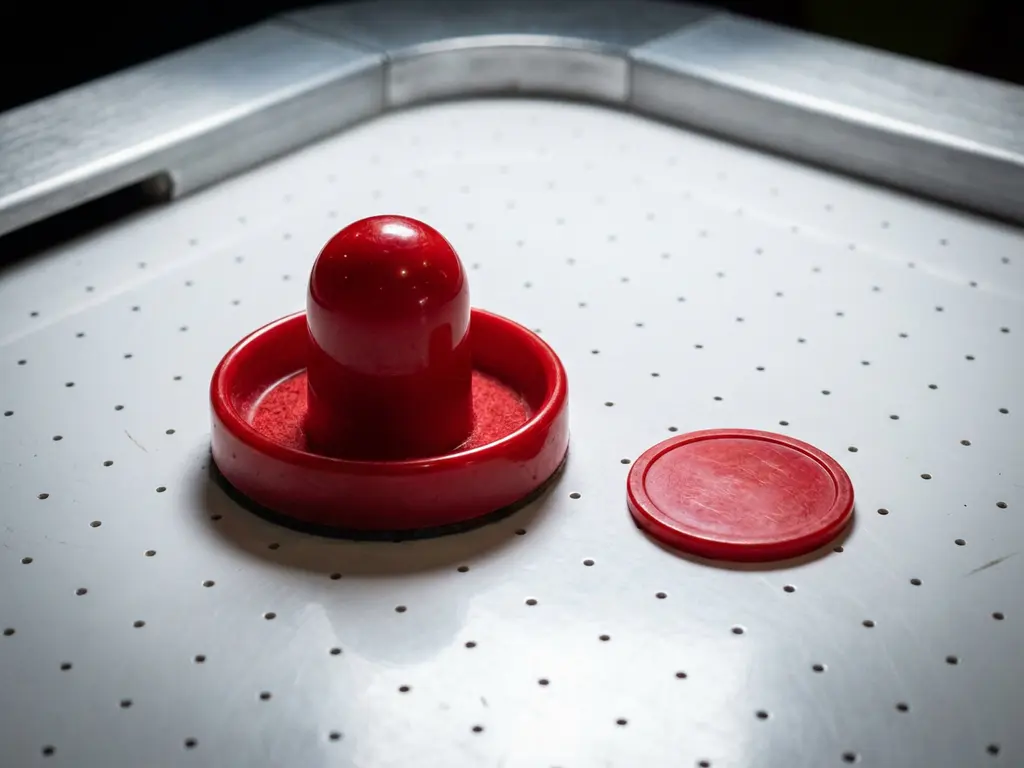 Rode luchthockeyslagschijf en puck op wit glanzend luchthockeytafeloppervlak met zichtbare luchtgaatjes.