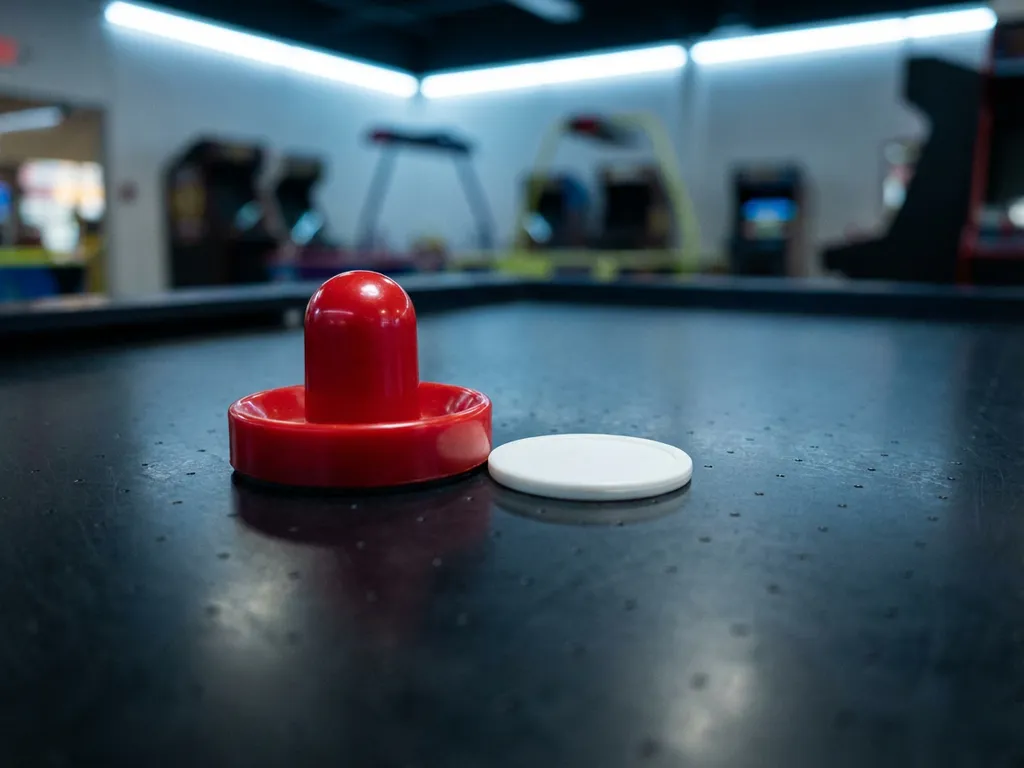 Rode luchthockeyslagschijf en witte puck op een donker tafelvlak met zichtbare luchtgaatjes en scherpe schaduwen.