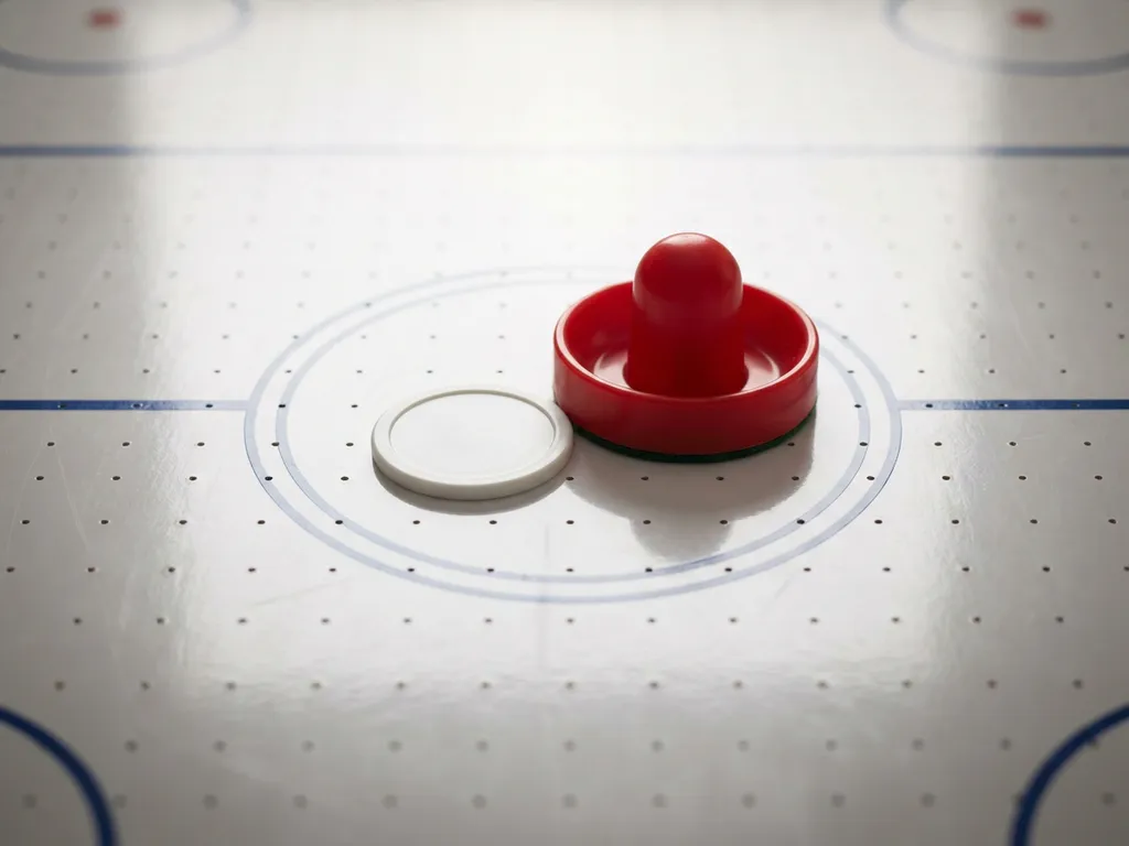 Rode luchthockeyslagschijf en witte puck op glanzend speelveld met zichtbare luchtgaatjes.