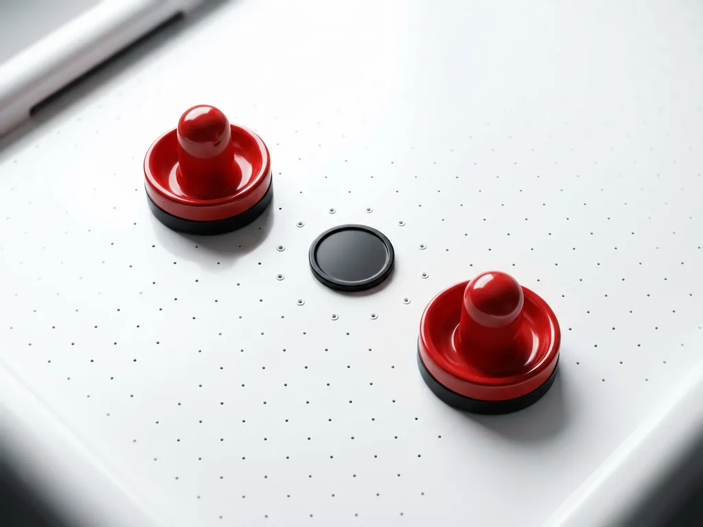 Twee rode en zwarte luchthockeyslaghouten en een puck op een wit luchthockeytafeloppervlak met zichtbare luchtgaatjes.