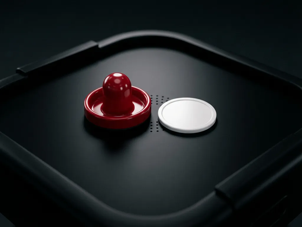 Rode luchthockeyslagschijf en witte puck op zwart tafelhockeyoppervlak met zichtbare luchtopeningen, studioverlichting van boven.