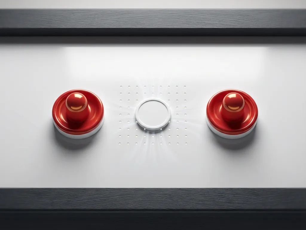 Twee rode luchthockeystrikers en een witte puck op een luchthockeytafel met zichtbare luchtgaatjes.