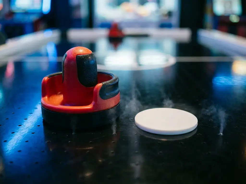 Rood-zwarte luchthockeyslagmallet en witte puck op glanzend zwart tafelvlak met zichtbare luchtgaatjes.