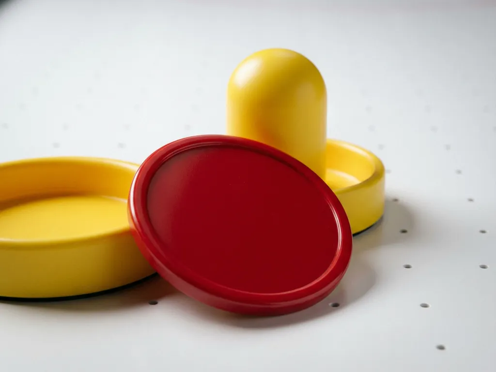 Rode luchthockeypuck tegen een gele striker op een wit luchthockeytafeloppervlak, met zichtbare luchtgaatjes.