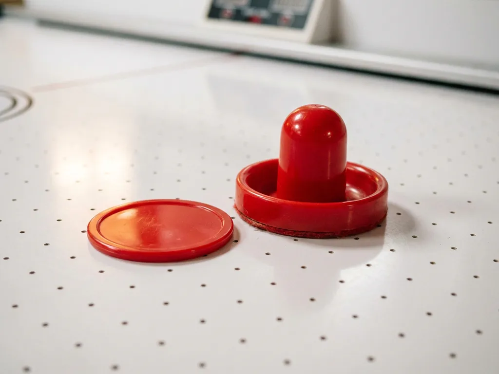 Rode luchthockeypuck en bijpassende slagmal op wit luchthockeytafeloppervlak met zichtbare luchtgaatjes.