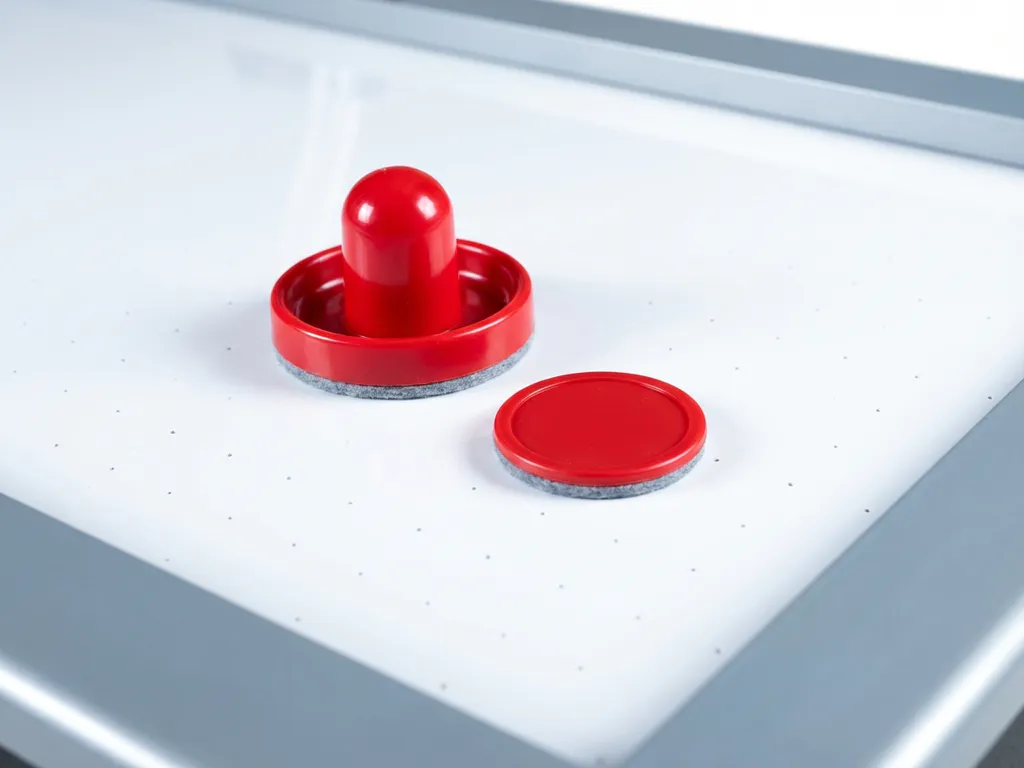 Rode luchthockeypuck en bijpassende mallet op een wit luchthockeytafeloppervlak, bovenaanzicht met scherpe materiaaltexturen.
