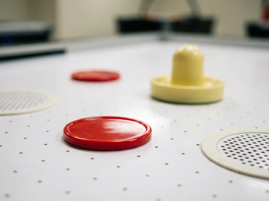 Rode luchthockeypuck op wit tafelvlak met gele slagschijf en tweede puck, luchtgaten zichtbaar, close-up studiofoto.