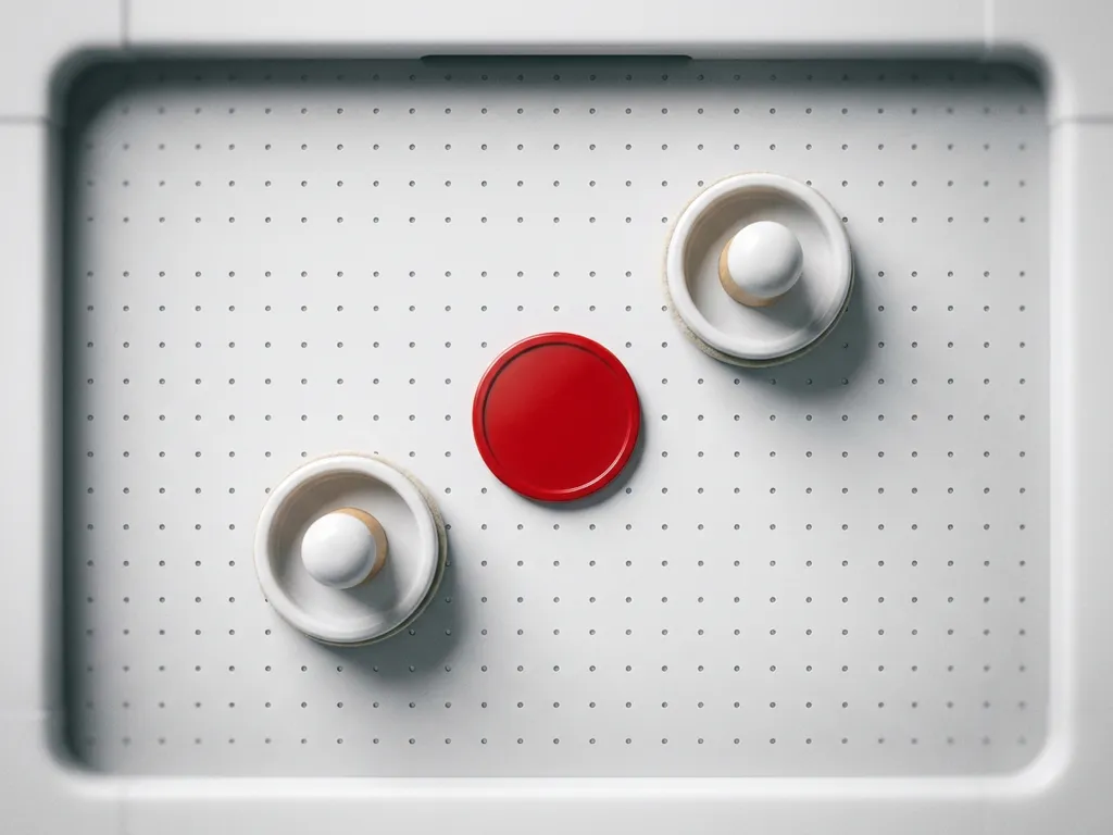 Rode luchthockeypuck en twee witte strikers op een wit luchthockeytafeloppervlak met zichtbare luchtgaatjes, bovenaanzicht.