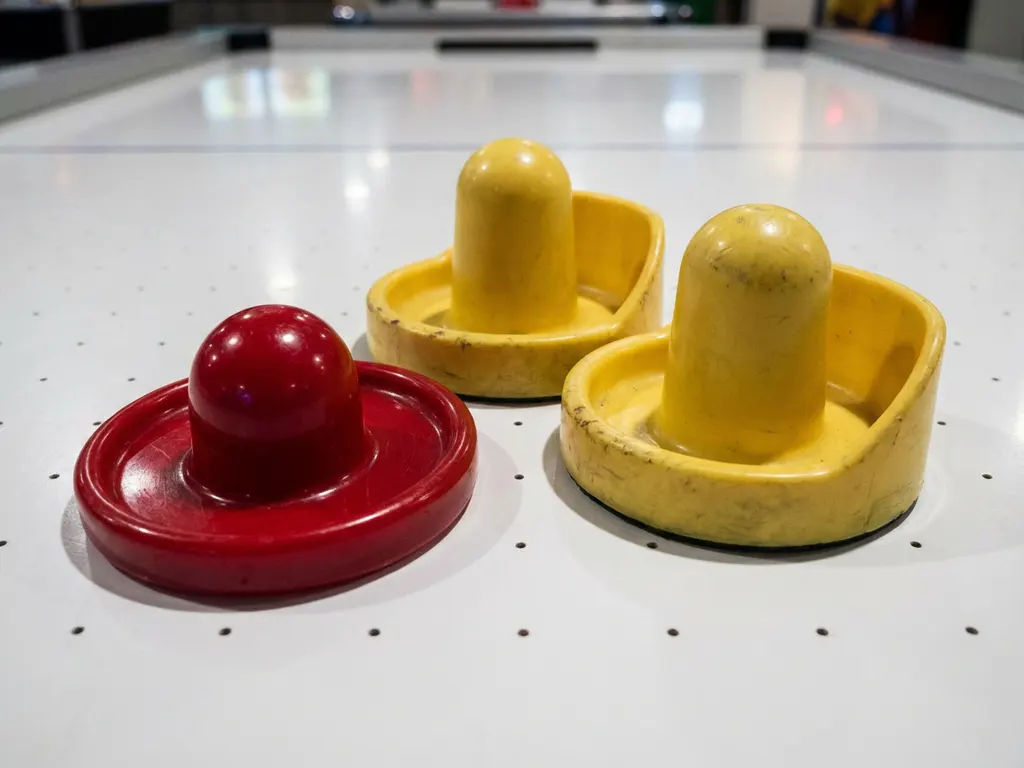 Rode luchthockeypuck en twee gele strikers op een wit luchthockeytafeloppervlak met zichtbare luchtgaatjes.