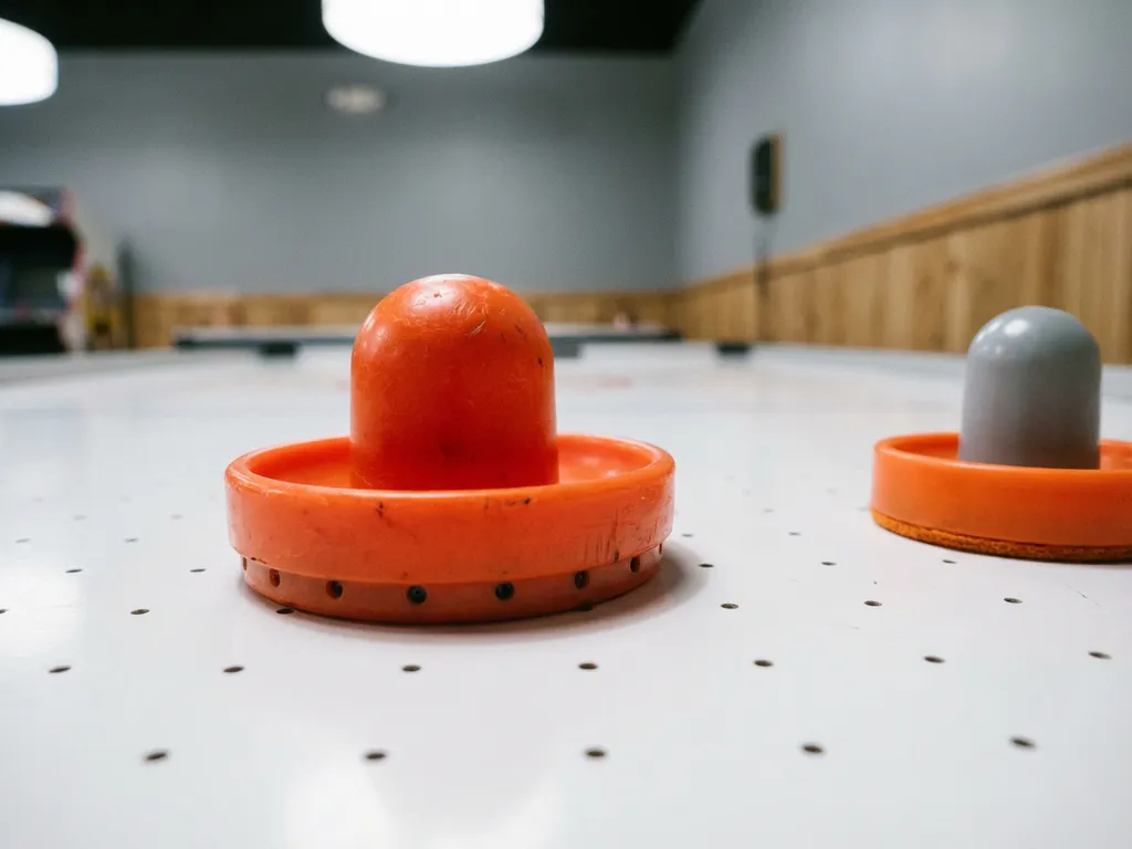 Oranje luchthockeypuck op wit tafelvlak met zichtbare luchtgaten en een kindermaillet ernaast.