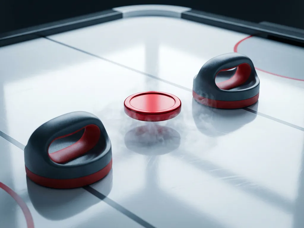 Luchthockeypuck zweeft op wit speeloppervlak van premium luchthockeytafel, omringd door twee strikers, bovenaanzicht.