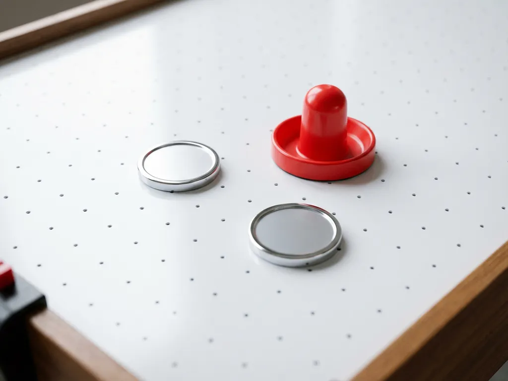Twee zilveren luchthockeypucks en een rode slagmallet op een wit luchthockeytafeloppervlak met zichtbare luchtgaatjes.