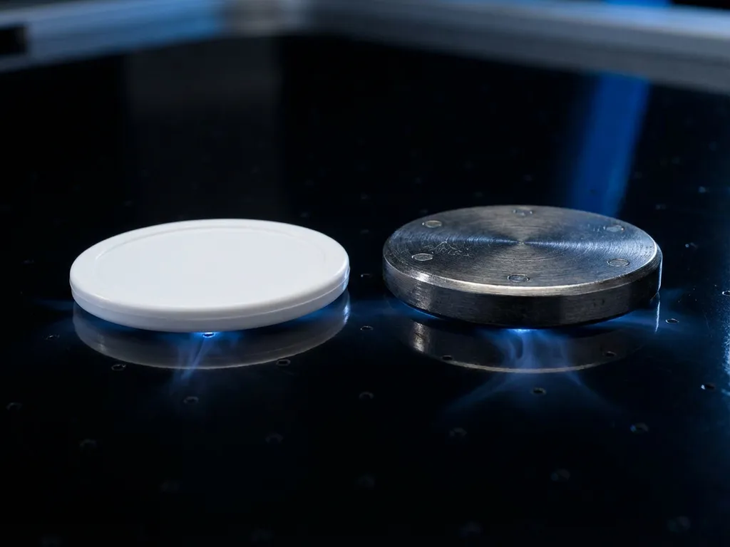 Twee airhockeypucks op glanzend zwart tafelvlak: een standaard plastic puck naast een zwaardere professionele puck met zichtbare kwaliteitsverschillen.