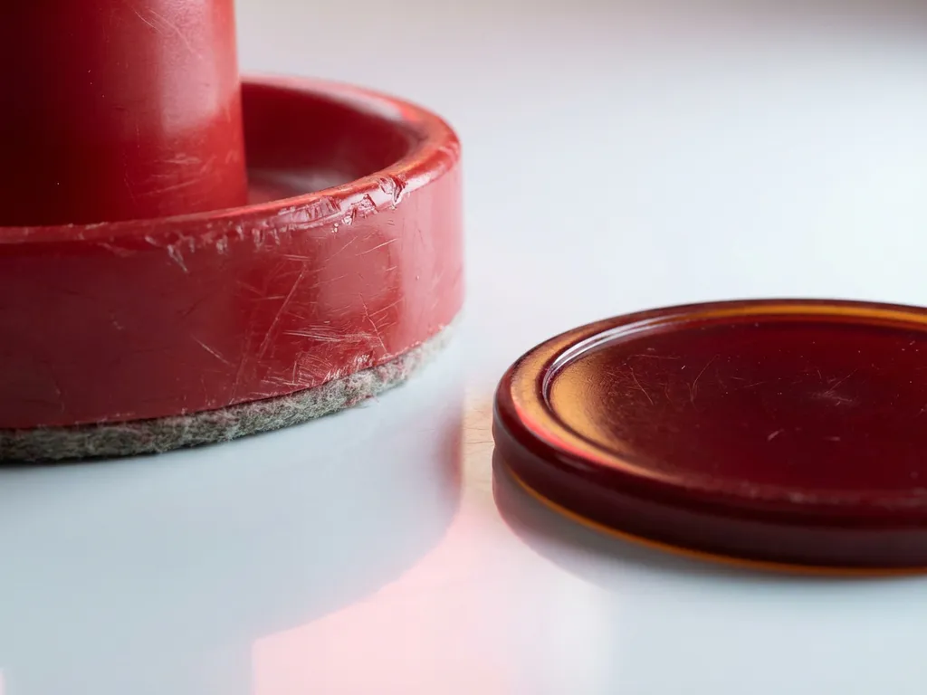 Versleten air hockey-pusher met krassen op wit tafeloppervlak, glanzend rode puck ernaast, macrofoto met ondiepe scherptediepte.