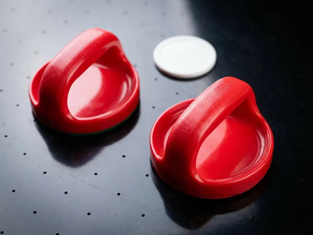 Twee rode luchthockeyslagers en een witte puck op een glanzend zwart luchthockeytafel, bovenaanzicht.