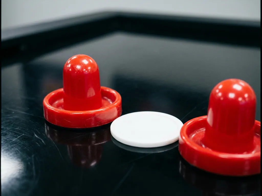 Twee rode air hockey strikers en een witte puck op een glanzend zwart air hockey tafeloppervlak.