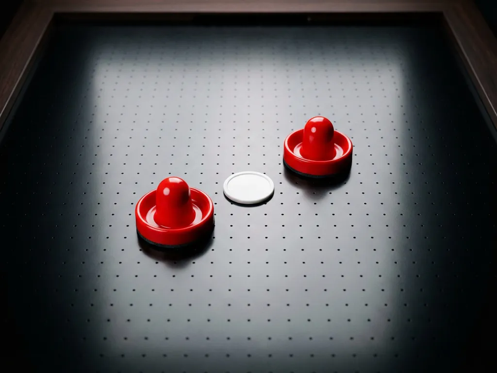 Twee rode luchthockeyslagjes en een witte puck op een glanzend luchthockeytafel oppervlak met zichtbare luchtgaatjes.