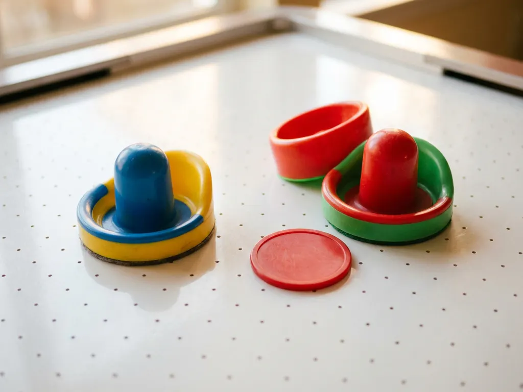 Twee kleurrijke plastic luchthockeyslagjes en een rode puck op een wit luchthockeytafeloppervlak met zichtbare luchtgaatjes.