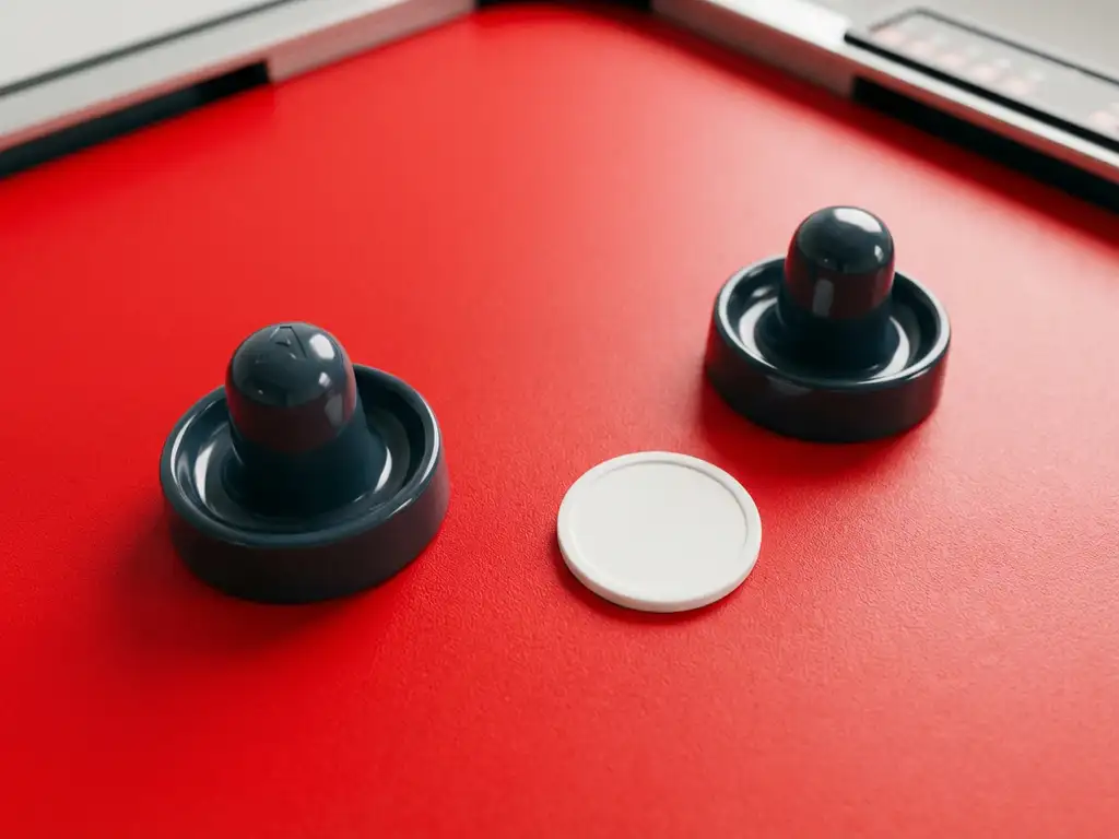 Twee glanzende air hockey strikers en een witte puck op een felrood air hockey tafeloppervlak, bovenaanzicht.